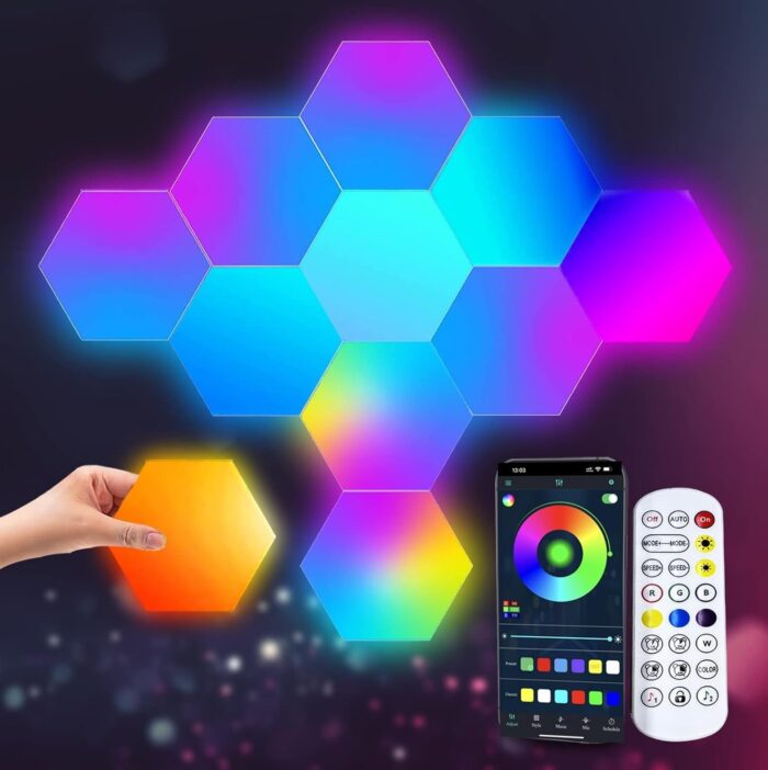 6 Pieces LED Wall Hexagon Lights with Remote Control,Smart LED Wall Light Panels Touch-Sensitive RGB Gaming Night Lights Mood Lightning DIY Module for Gaming Setup/Home Bar Party Decor (V3)