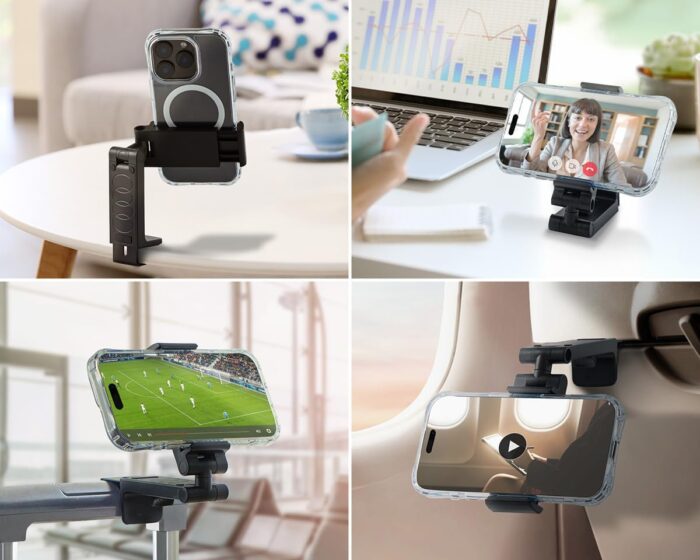 Golifyne Universal Mobile Phone Holder Airplane Mobile Phone Holder with Pouch for On the Go Clamp Holder Stand for Travel, Train, Office, Kitchen, Compatible with iPhone/Samsung/Huawei Smartphone - Image 6