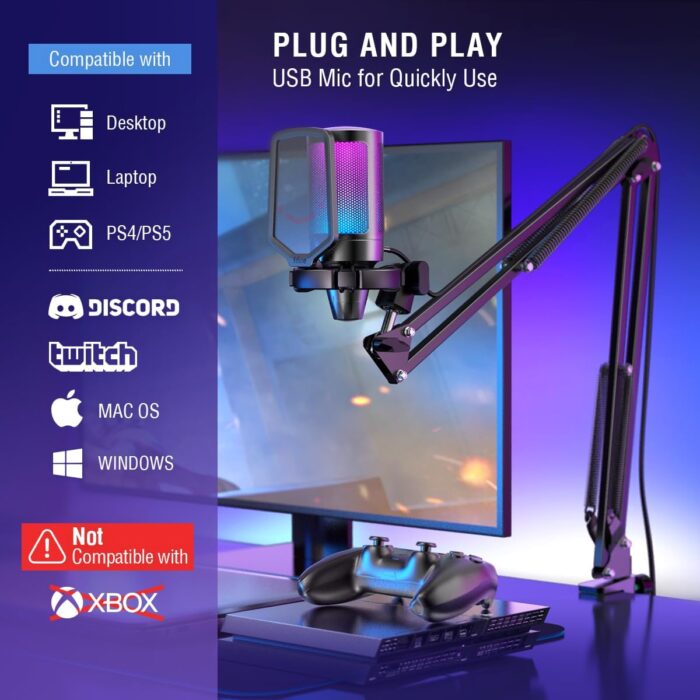 FIFINE Gaming PC USB Microphone, Podcast Condenser Mic with Boom Arm, Pop Filter, Mute Button for Streaming, Twitch, Online Chat, RGB Computer Mic for PC Gamer Youtuber-AmpliGame A6T - Image 7