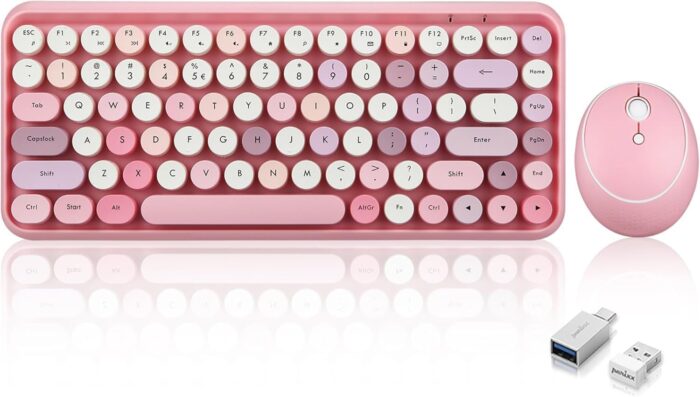 Perixx PERIDUO-713 Wireless Mini Keyboard and Mouse Combo, Retro Round Key Caps, Pastel Pink, US English Layout