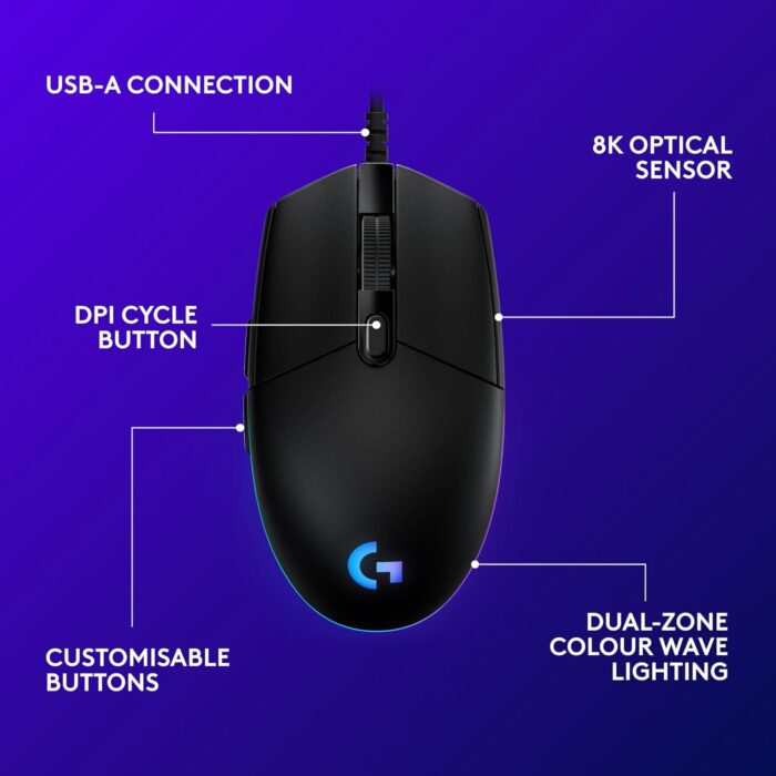 Logitech G203 2nd Gen Wired Gaming Mouse, 8,000 DPI, Rainbow Optical Effect LIGHTSYNC RGB, 6 Programmable Buttons, On-Board Memory, Screen Mapping, PC/Mac Computer and Laptop Compatible - Black - Image 6