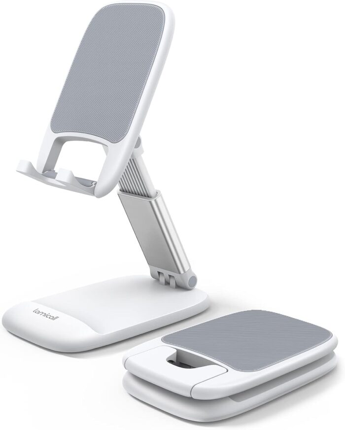 Lamicall Foldable Phone Stand for Desk – Height Adjustable Cell Phone Holder Portable Cellphone Cradle Desktop Dock Compatible with iPhone 16 15 14 13 Pro Max Mini, 12 11 XR X 8 Plus SE, Smartphone