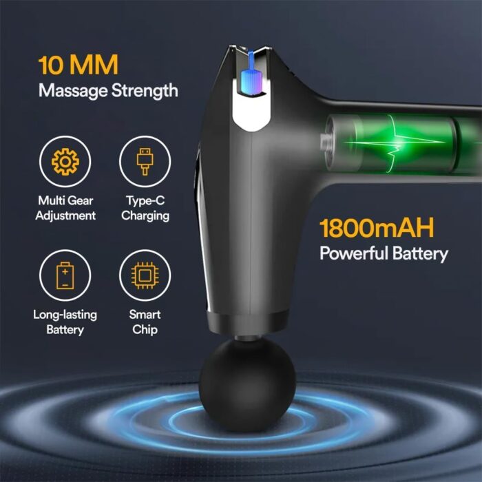 Blueidea Pro Massage Gun – Deep Tissue Muscle Massager for Pain Relief, Silent Brushless Motor, LCD Display, 2 Modes, 8 Speeds, Rechargeable, with Extended Handle – Black