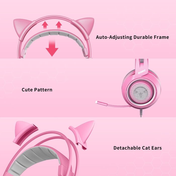 SOMIC G951s Pink Stereo Gaming Headset with Mic for PS4,Xbox,PC,Mobile Phone,3.5mm Noise Reduction Cat Ear Headphones Lightweight Over Ear Headphones for Girls - Image 5