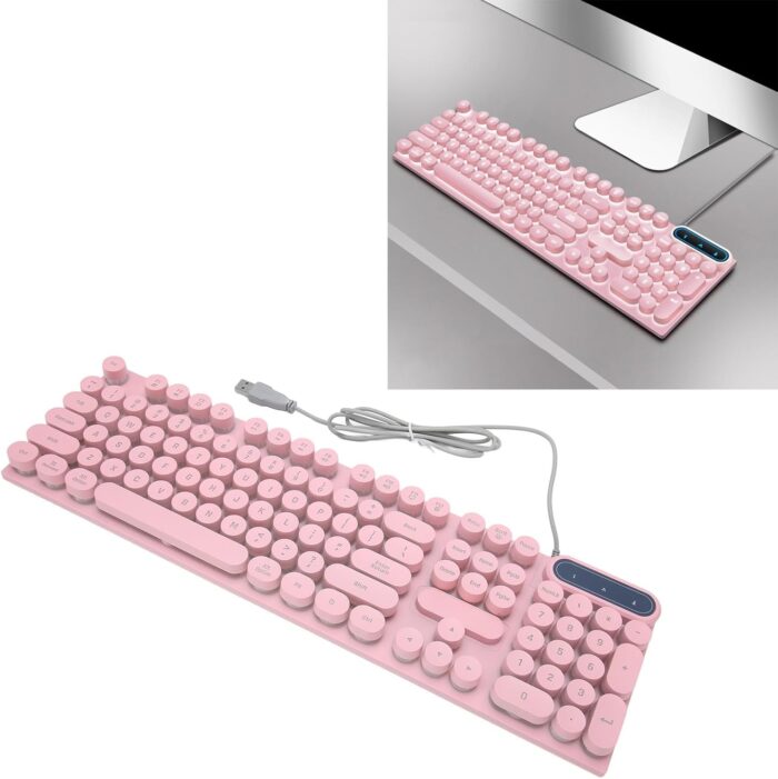 Zudoo Retro Wired Gaming Keyboard, Led Backlit Typewriter Style Mechanical Gaming Keyboard with 104 Round Keys, Multimedia Keys, Ergonomic USB Keyboard for Office Desktop Laptop (Pink) - Image 5