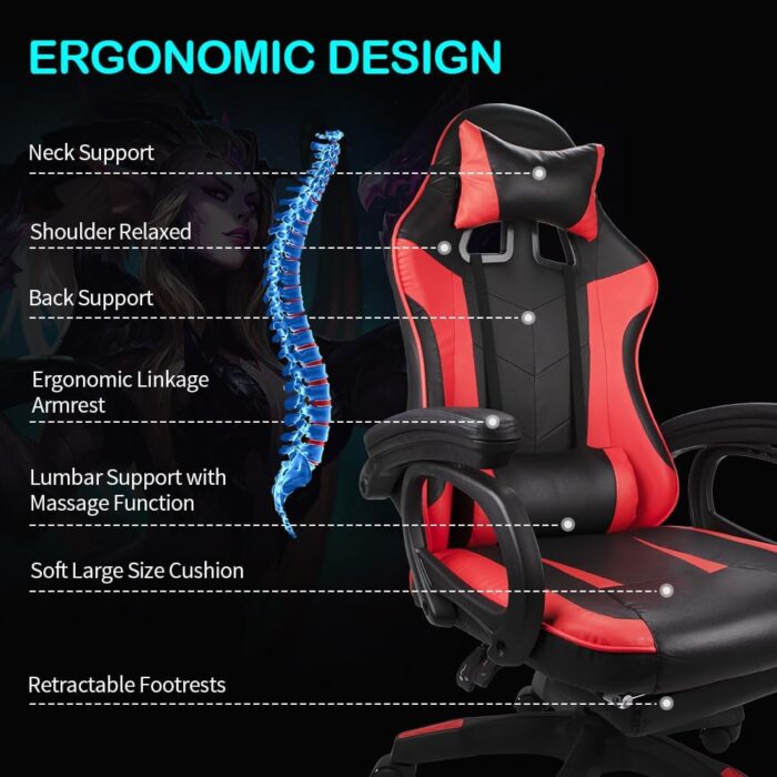 Eesyy Gaming Chair, Ergonomic High Back Gaming Chairs Reclining & Height Adjustable Computer Chair with Neck and Massage Lumbar Support, Retractible Footrest, 360° Silent Casters, Black-Red - Image 4