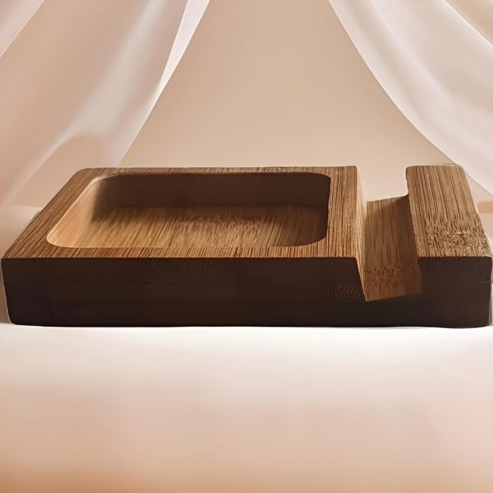 Bamboo Wooden Mobile Phone Stand with Tray | Elegant and Functional Desk Organizer | Natural Wood Smartphone Holder with Slot Tray for Keys, Coins and Accessories(Tray Stand) - Image 9