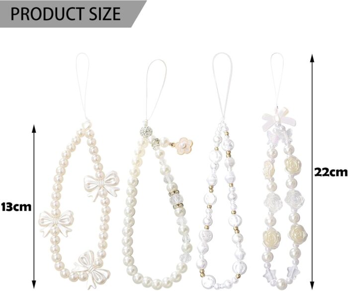 DKDDSSS 4 pcs Phone Charm, Beaded Phone Bracelet Strap, White Pearl Bow Cell Phone Charms, Cute Phone Charm - Image 3