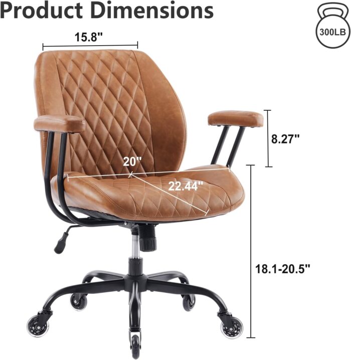 YFO Home Office Desk Chair Office Rubber Chair Casters Ergonomic Computer Chair with Lumbar Support Adjustable Height Rolling Swivel Chair Executive Task Armrests Chair， Brown Leather - Image 2