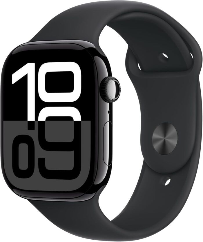 Apple Watch Series 10 GPS 42 mm Smartwatch with Jet Black Aluminium Case with Black Sport Band – M/L. Fitness Tracker, ECG App, Always-On Retina Display, Water Resistant