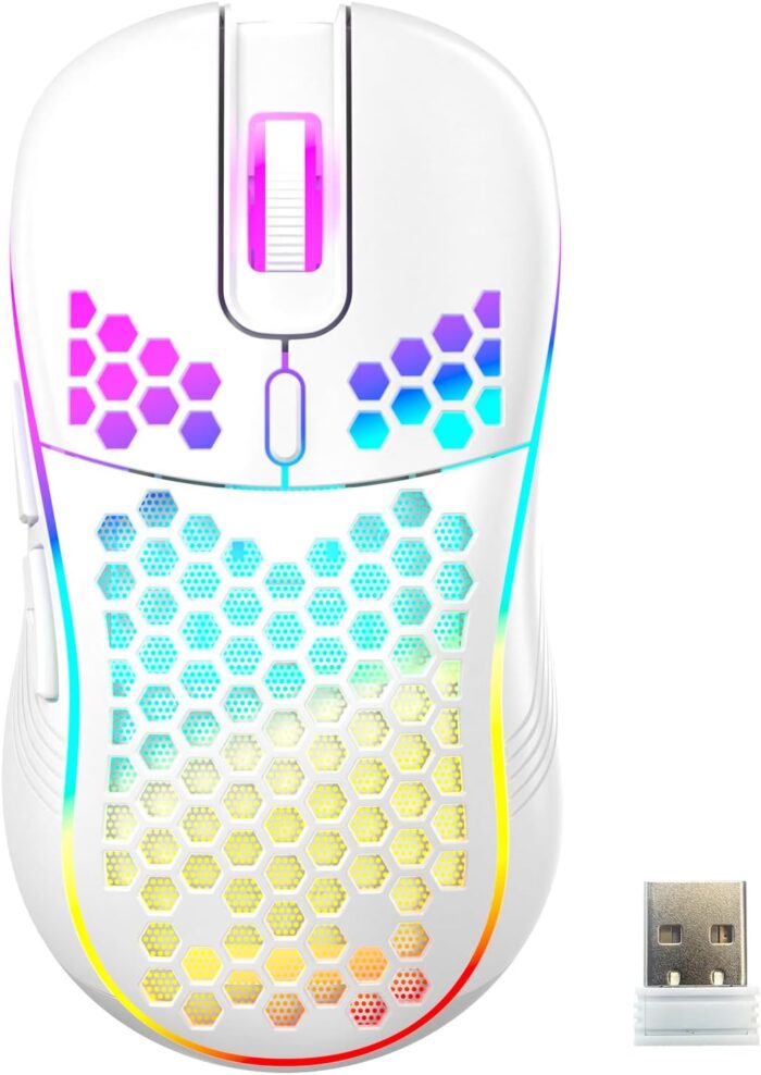 Azonee Wireless Mouse Wireless Gaming Mouse, Rechargeable Pc Mouse with RGB Backlight 6 Buttons Adjustable Lightweight Honeycomb Shell for Laptops, PC, Computers, Etc. (Wireless White) - Image 7