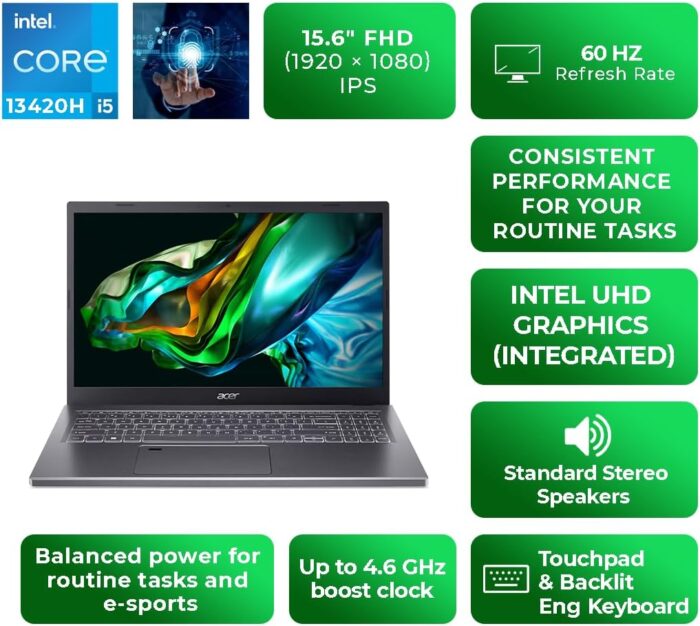 Acer Aspire 5 A515-58M-53ES Laptop | 13th Gen Intel Core i5-13420H | 15.6" FHD IPS Display | 8GB LPDDR5 RAM | 1TB SSD | Windows 11 | Backlit Keyboard | Fingerprint Reader (UPGRADED) | Steel Gray - Image 2