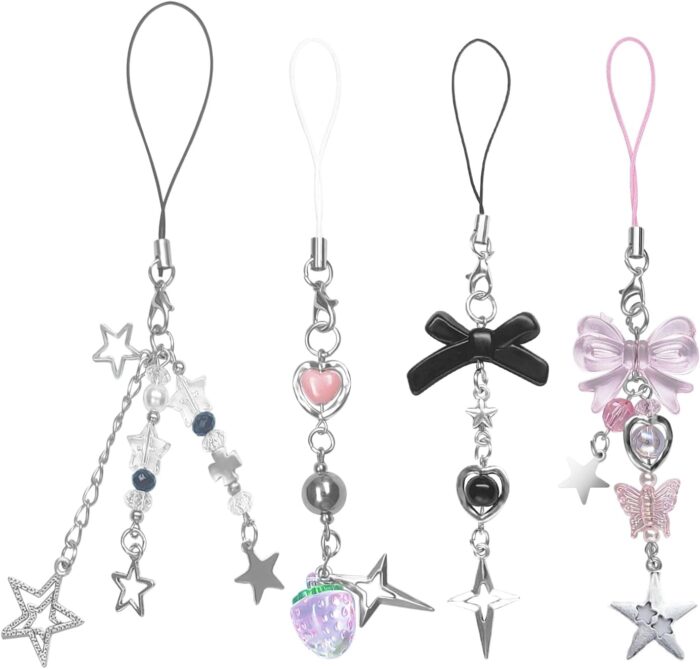 cioatu 1-4PCS Cute Phone Charms Aesthetic Y2K Cell Phone Charms Strap Pink Strawberry Butterfly Star Phone Charm Y2K Accessories for Phone Bag Keychain Airpods Camera Pendants Decor