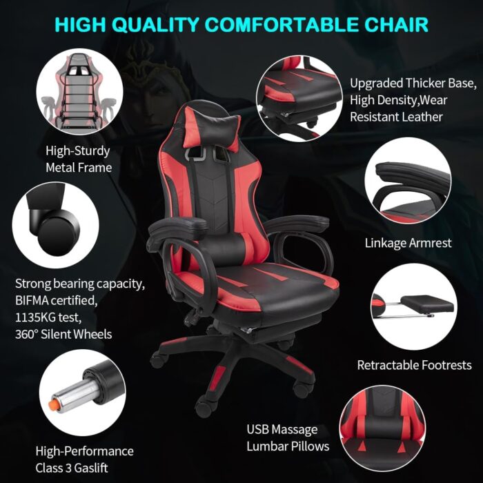 Eesyy Gaming Chair, Ergonomic High Back Gaming Chairs Reclining & Height Adjustable Computer Chair with Neck and Massage Lumbar Support, Retractible Footrest, 360° Silent Casters, Black-Red - Image 7