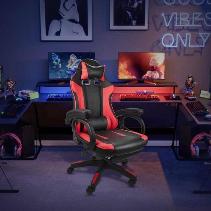Eesyy Gaming Chair, Ergonomic High Back Gaming Chairs Reclining & Height Adjustable Computer Chair with Neck and Massage Lumbar Support, Retractible Footrest, 360° Silent Casters, Black-Red - Image 2