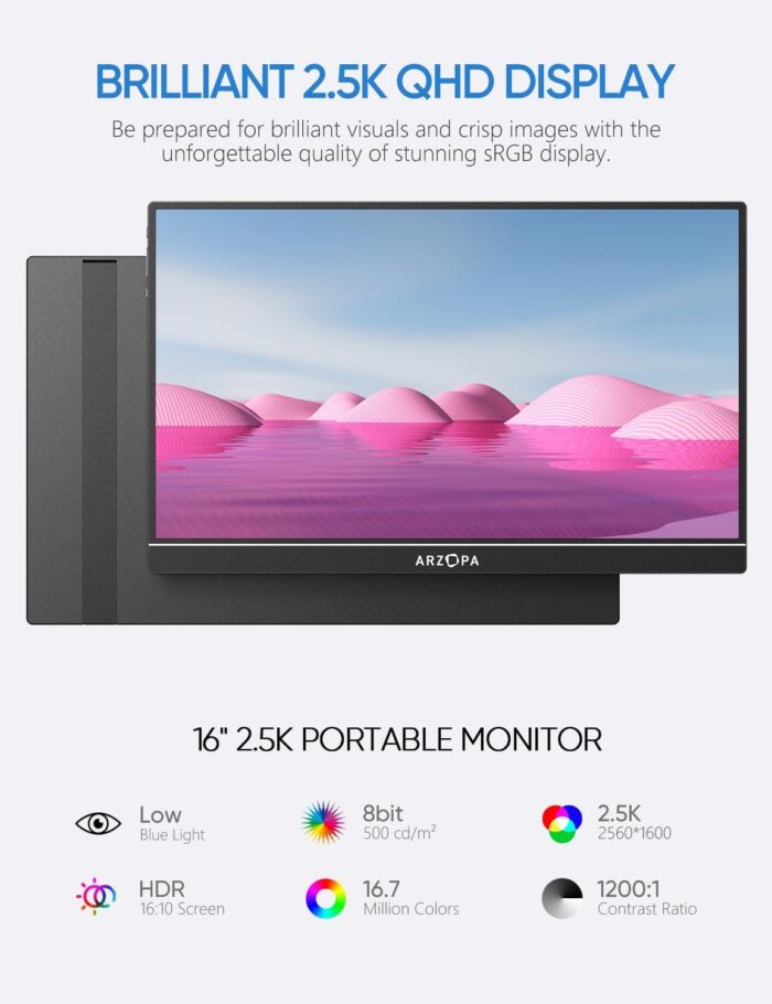 ARZOPA 16" 2.5K Portable Monitor, 2560x1600 QHD IPS Display 123% sRGB with Built-in Stand USB-C HDMI Eye Care External Second Screen for Mac Laptop Phone PS4/5 Xbox Switch -Z1RC - Image 3
