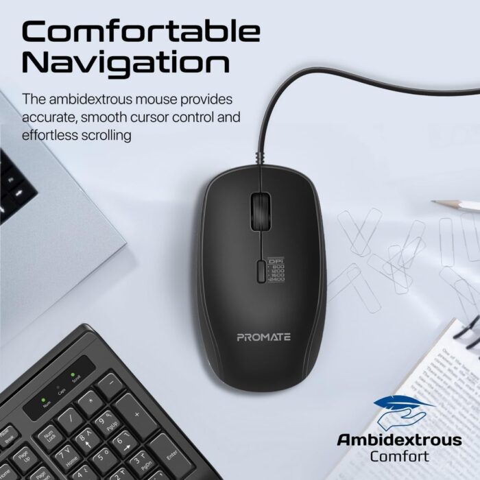 Promate Wired Keyboard and Mouse Combo, Ergonomic Slim Full-Size Quiet Keyboard, 2400 DPI Ambidextrous Mouse, Spill-Resistance, Media Keys, Plug and Play for iMac, MacBook Pro, Dell, Combo-CM4 - EN/AR - Image 6