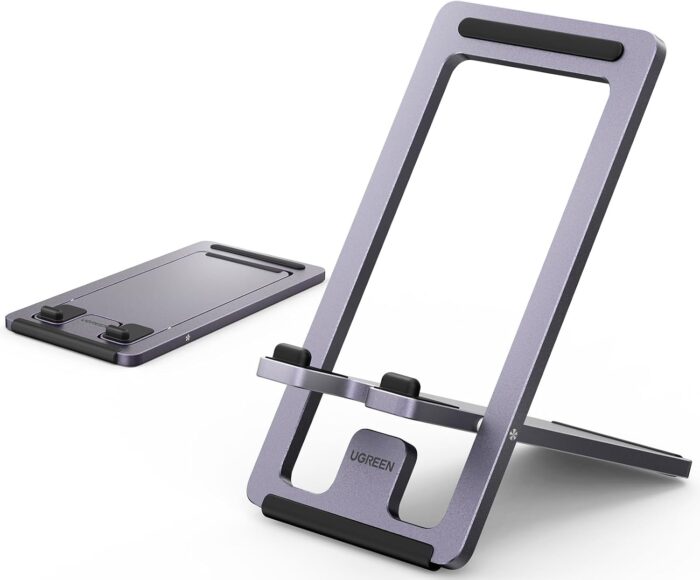 UGREEN Cell Phone Stand Portable Mobile Stand Adjustable iPhone Holder for Desk Foldable Adjustable Viewing Angle Stable Alloy Metal Mobile Holder Fit for All Phones iPhone 16 Pro Max S25 Ultra