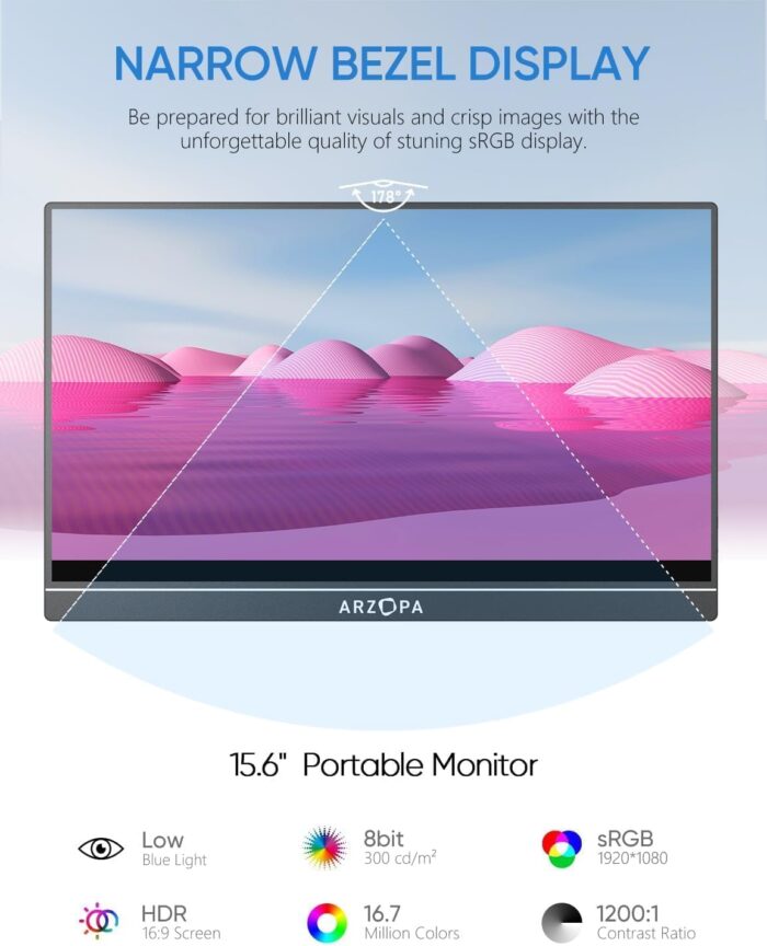 ARZOPA Portable Monitor 15.6'' FHD 1080P - Ultra-Slim Portable Laptop Monitor with Kickstand - IPS Display for PC, MAC, Phone, Xbox, PS5 - USB C & HDMI Connectivity - A1 - Image 3