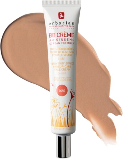 Erborian BB Cream with Ginseng, Tan (Dore) – Lightweight Buildable Coverage with SPF & Ultra-Soft Matte Finish Minimizes Pores, Blemishes & Imperfections – Korean Face Makeup & Skincare – 1.5 Oz