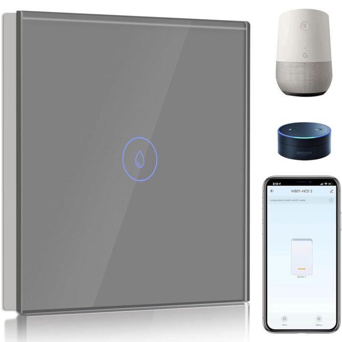 BSEED Smart WIFI Water Heater Switch, Neutral Wire Required, 1 Gang 1 Way, Compatible with Alexa & Google Home, APP Remote Control, Voice Control and Timing, No Hub Required (Grey, 40A)
