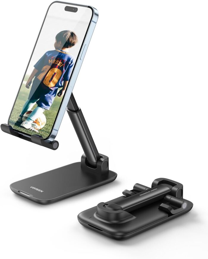 UGREEN Phone Stand, Height Adjustable Phone Holder, Aluminum Foldable Mobile Stand for Desk, Stable iPhone Holder Compatible with iPhone 16/15/14/13 Series Galaxy S24 S25 Ultra Black