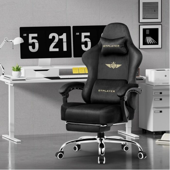 GTPLAYER Gaming Chair - Breathable Fabric with Pocket Spring Cushion and Linkage Armrests, High Back Ergonomic with Lumbar Support and Footrest (Velvet Black) - Image 2