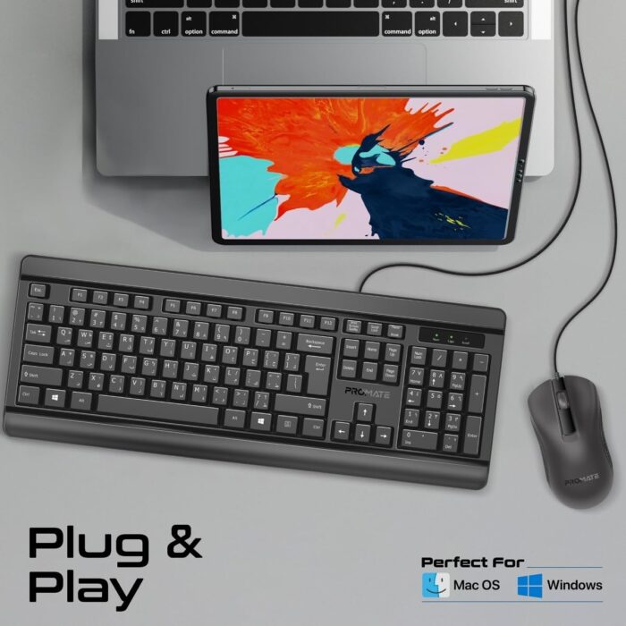 Promate Wired Keyboard and Mouse Combo, Ergonomic Slim Full-Size Quiet Keyboard, 2400 DPI Ambidextrous Mouse, Spill-Resistance, Media Keys, Plug and Play for iMac, MacBook Pro, Dell, COMBO-CM6.E/A - Image 7