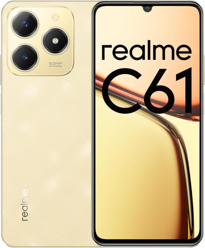 Realme C61 Dual SIM Smartphone | 8GB RAM, 256GB Storage | 6.74″ 90Hz Display | 50MP AI Camera | 5000mAh Battery | Android 14 | 4G LTE | Side Fingerprint | Type-C Charging (Sparkle Gold)