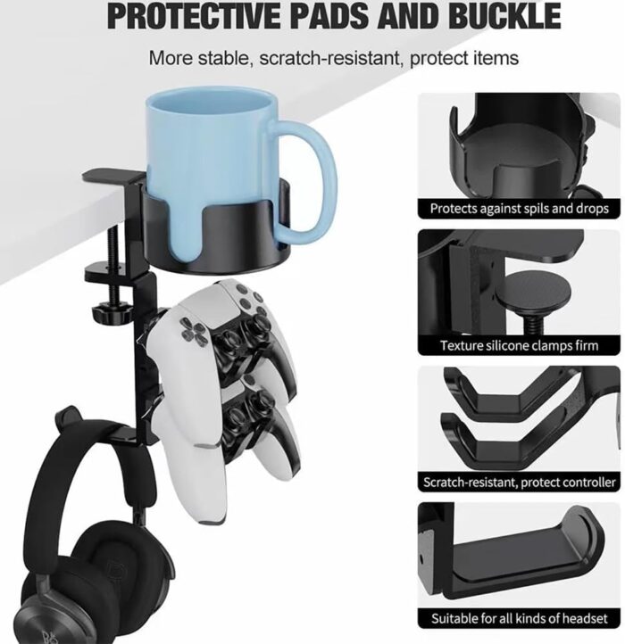 MIKUER 360° Rotating Desk Controller Headphone Holder - Larger Desk Cup Holder with Adjustable Headset Hanger Controller Stand | Clamp On Desk Organizer | Gaming Desk Accessories - Image 3