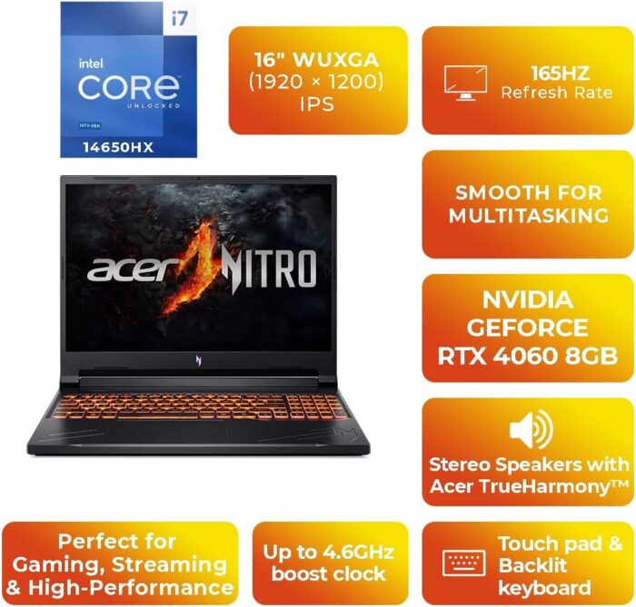 Acer Nitro V 16 Gaming Laptop | Intel Core i7-14650HX 14th Gen | 16GB DDR5 | 1TB SSD | NVIDIA GeForce RTX 4060 8GB | 16" WUXGA 165Hz IPS Display | Windows 11 Pro (UPGRADED) - Obsidian Black - Image 6