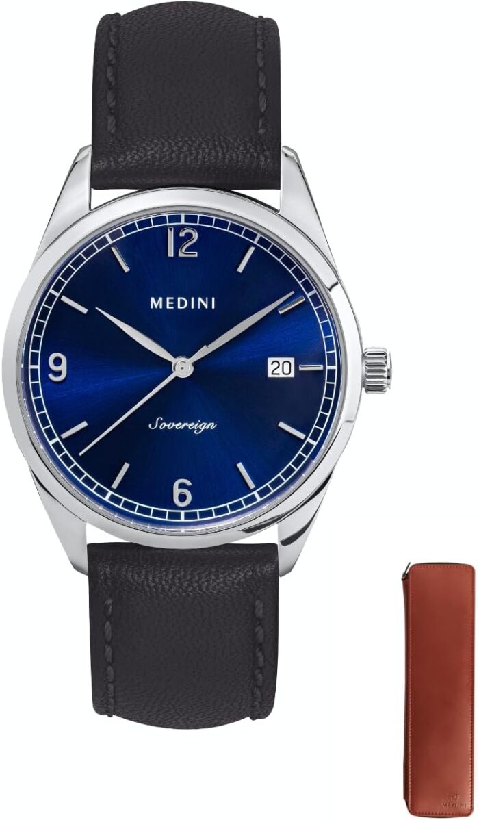 MEDINI Sovereign Blue – AR-Coated Sapphire Crystal Glass, Black Strap With Tan Cover