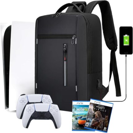 CENXI Gaming Backpack for PS5, Large Capacity Carrying Storage Bag with USB Port, Grey, Large, Game