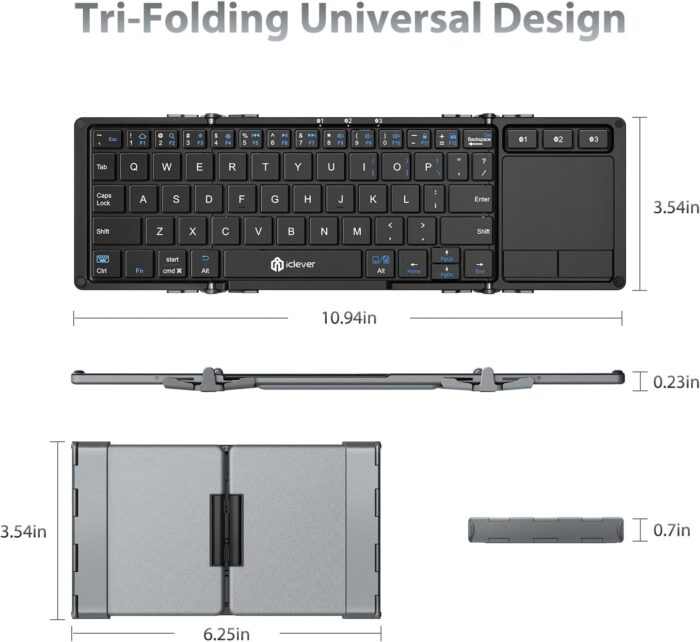 iClever iClever Folding Wireless Keyboard with Sensitive Touch Pad, Pocket-Sized Tri-folding Bluetooth Keyboards with Portable Carry Pouch, Aluminum Alloy Base (Sync Up to 3 Devices), Dark Gray - Image 5