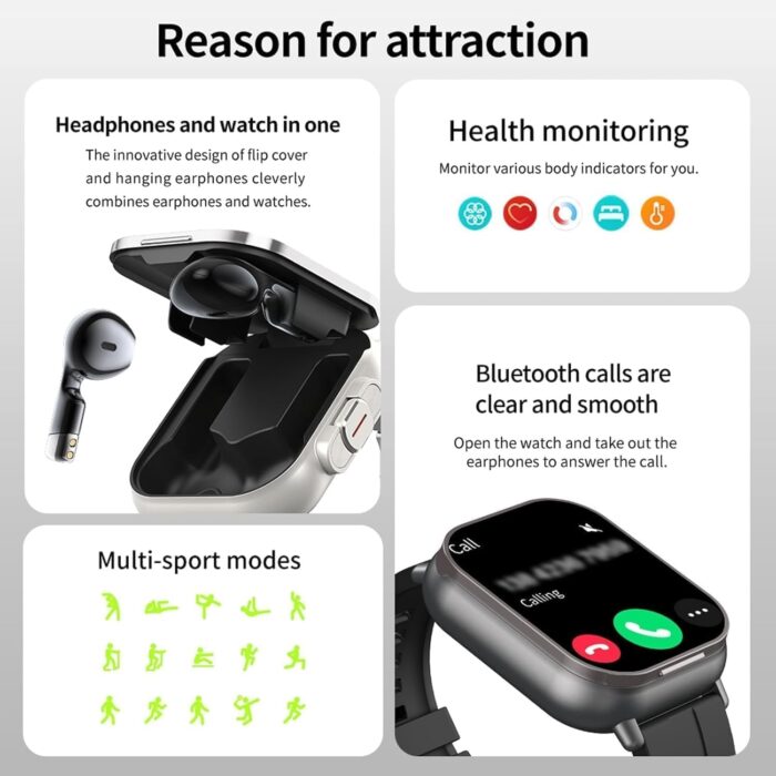 2-in-1 Smartwatch with TWS Earbuds | 2.01” HD Touchscreen, IP67 Waterproof Fitness Tracker | Bluetooth Wireless Headphones | Heart Rate, Blood Pressure, Sleep Monitor | Smart Watch for Men & Women - Image 4