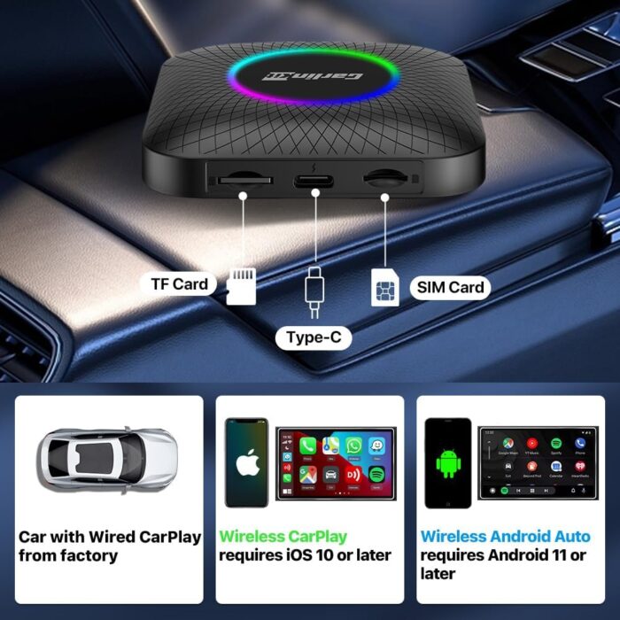 Carlinkit Android 13 Ai Box LED Version, Qualcomm 8 Cores, 8+128GB, 3-in-1 Adapter with 4G Cellular, Streaming Video, SIM/TF Card, Built-in Google Play, Only Suitable for Factory Wired CarPlay Cars - Image 6