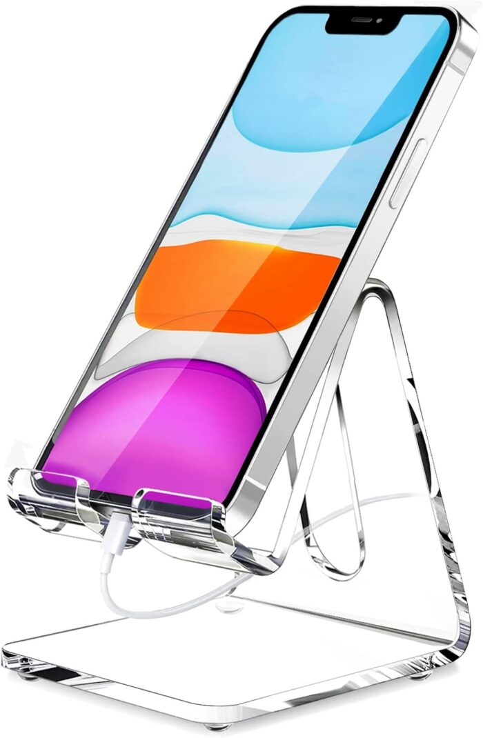 Crpich Acrylic Cell Phone Stand, Portable Phone Holder, Clear Phhone Stand for Desk, Compatible with Phone 12 Pro Max Mini 11 Xr 8 Plus SE, Switch, Android Smartphone, Pad, Tablet, Desk Accessories