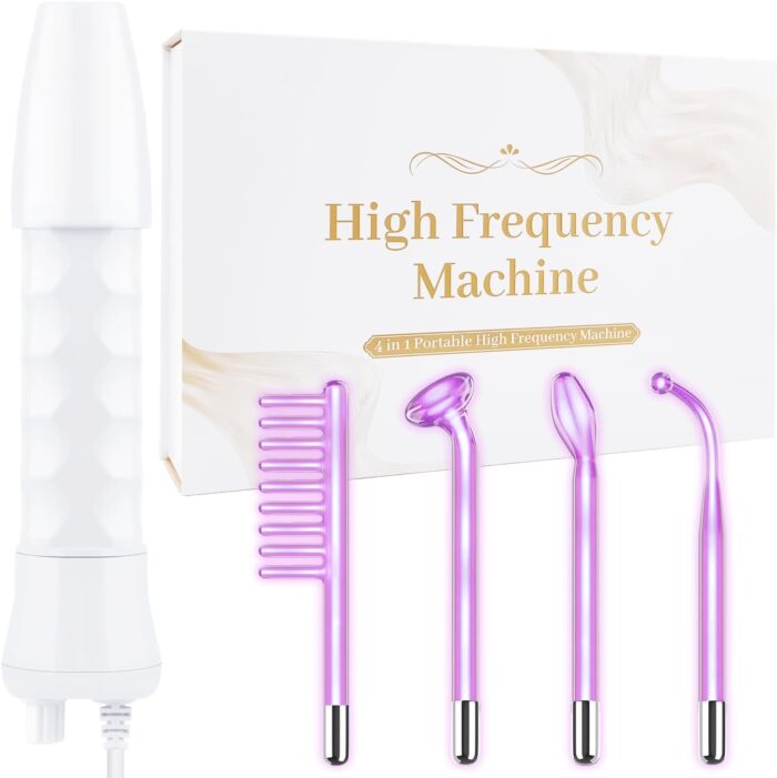 Uaike High Frequency Facial Wand – 4 in 1 Violet Portable Handheld High Frequency Facial Machine – at Home Face Skin Wand Device with 4 Pcs Purple Glass Tubes