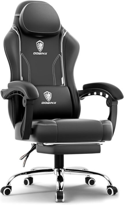 Dowinx Multi-Functional Gaming Chair, Ergonomic High Back Reclining & Height Adjustable PU Leather Computer Chairs with Massage Cushion, Neck & Lumbar Support, Footrest (Black)