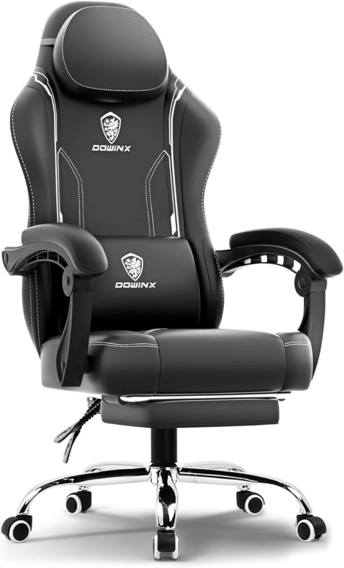 Dowinx Multi-Functional Gaming Chair, Ergonomic High Back Reclining & Height Adjustable PU Leather Computer Chairs with Massage Cushion, Neck & Lumbar Support, Footrest (Black)