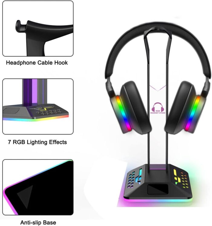 BIGTHREE RGB Headphone Stand, Gaming Headset Holder with 2 USB Charger, Cool Gaming Accessories Headset Stand, LED Headset Holder for PC Gamer Headphone Accessories - Image 4