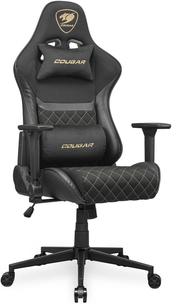Cougar Armor One V2 Gold F Gaming Chair, Woven Fabric Surface, 4D Folding Armrests, 155° Reclining, Piston Lift Height Adjustment, Up to 120 kg Weight Support - Black & Gold - Image 2