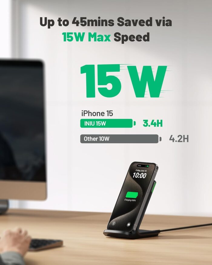 INIU Wireless Charger Stand, 15W Qi Certified Fast Wireless Charging Station with Sleep-Friendly Adaptive Light for iPhone 16 15 14 13 Pro XS 8 Plus Samsung Galaxy S25 S24 S23 Note 20 Google etc. - Image 2