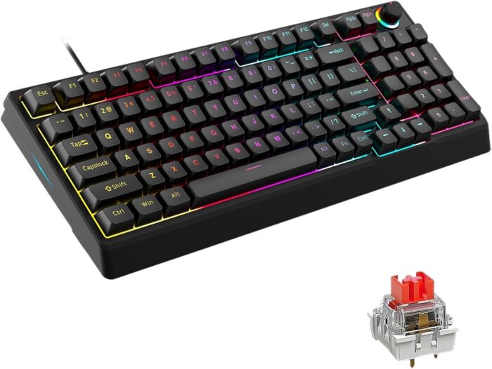 EURCRBU Mechanical Gaming Keyboard, LED Backlit Compact 98 Keys Layout Wired Mechanical Keyboard with Volume Control Knob, Full Anti-Ghosting Numpad Keyboard for Competitive Games or Office. (Black)