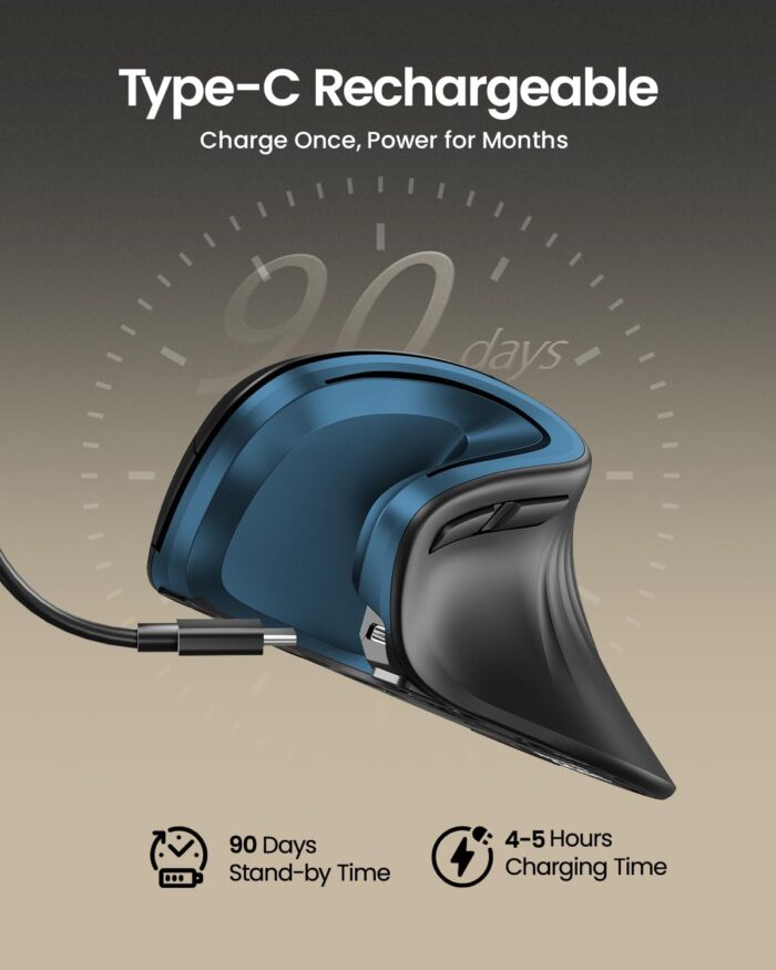 ProtoArc Ergonomic Mouse, EM11 NL Wireless Vertical Mouse, Ergo Multi-Device Mouse, USB-C Rechargeable Mouse for Windows, Mac OS, PC/Notebook/Laptop, Blue - Image 2