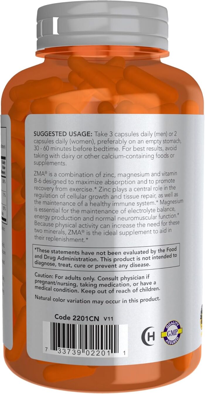 NOW Sports Nutrition, ZMA (Zinc, Magnesium and Vitamin B-6), Enhanced Absorption, Sports Recovery*, 180 Veg Capsules - Image 2