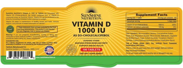 Sunshine Nutrition Vitamin D 1000 Iu (D3 Cholecalciferol), 100 Tablets | Promotes Strong Bones, Teeth | Supports Healthy Function | Gluten Free - Image 3