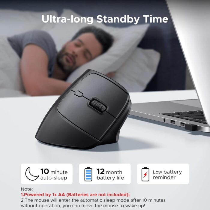 UGREEN Ergonomic Vertical Mouse, 2.4GHz Optical Wireless Mouse, 3 Adjustable DPI 800/1200/1600 Levels 6 Buttons Mouse Wireless, for Laptop, PC, Computer, Desktop, Notebook etc, Black Mice - Image 6