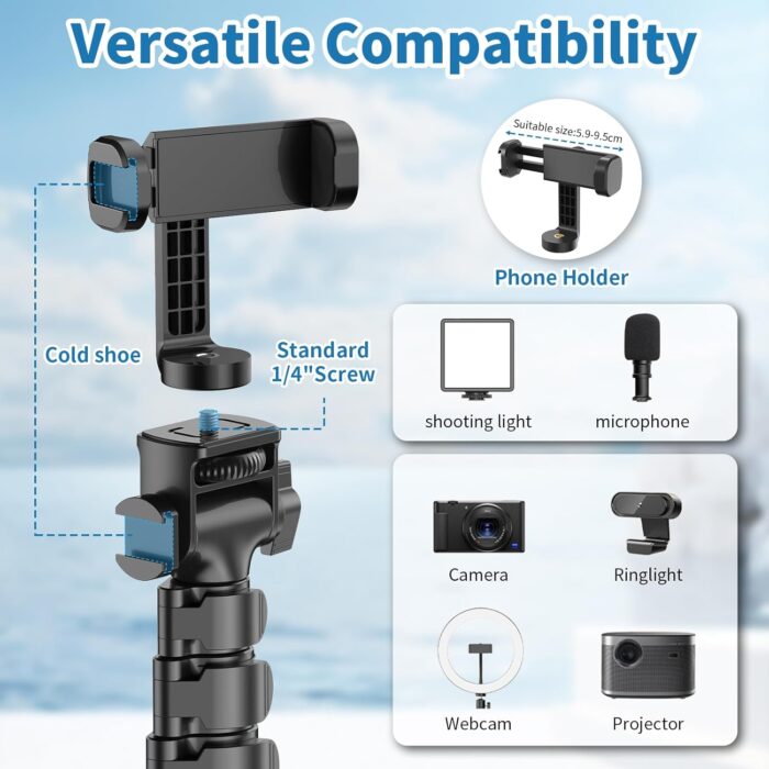 TONEOF 170cm Phone Camera Tripod Stand with Remote & Phone Holder, Tripod for Travel/Video Recording,Tall Smartphone Tripod Compatible with iPhone/Android//Webcamera - Image 2