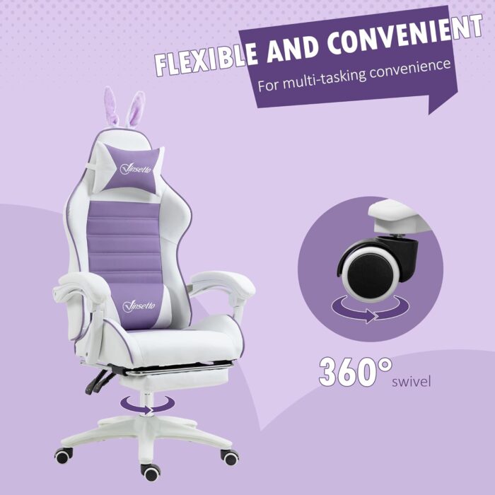 Vinsetto Racing Gaming Chair, Reclining PU Leather Computer Chair with Removable Rabbit Ears, Footrest, Headrest and Lumber Support, Purple - Image 7
